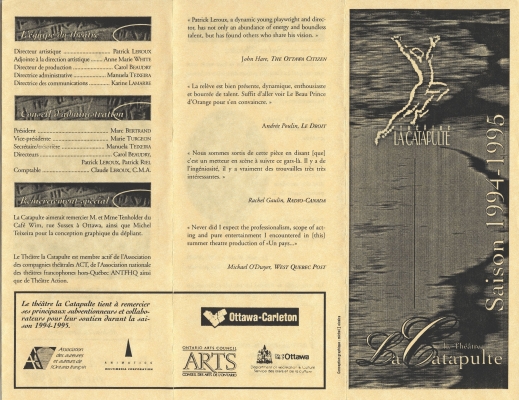 French leaflet printed in black on pale pink paper. The content is divided into three sections. A person jumping into the air appears on the cover page. The section headings are illustrated. One section is dedicated to the logos of the sponsoring organizations.