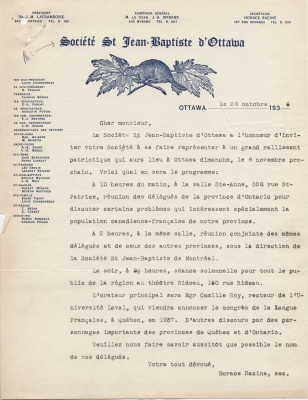French letter typed in blue ink, on Société Saint-Jean-Baptiste letterhead, signed by the Secretary of the Society. The heading features the organization's logo, and the left-hand side of the page lists board members and section representatives.