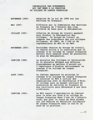 Texte dactylographié, en français, qui présente une liste de dix dates à gauche, accompagnées d’une description des événements à droite, de novembre 1986 à avril 1989. Le titre du document et les dates sont en majuscules. Une cote est dactylographiée à la page 2.