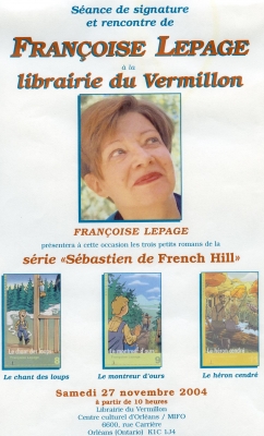 Colour poster, in French. At the top of the poster, the name and photo of a middle-aged woman, three-quarter view, wearing short brown hair. The poster shows the covers of three youth novels, their titles, and the series they are part of. It indicates the date and location of the event.
