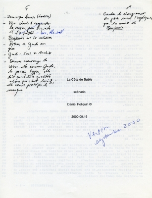 Cover page of a document typewritten in French. The title is positioned in the middle of the page, followed by the word “scénario” as well as the name of the author and the date. Annotations are made by hand, in black ink. Written in blue, “Version September 2000.”