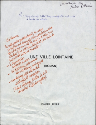 Cover page of a printed document, in French. The title is positioned in the middle of the page, followed by (ROMAN). and the author’s name. All letters are capitalized. Annotations are made by hand, in red and blue ink. A note in black indicates that Gilles Pellerin has made the corrections.