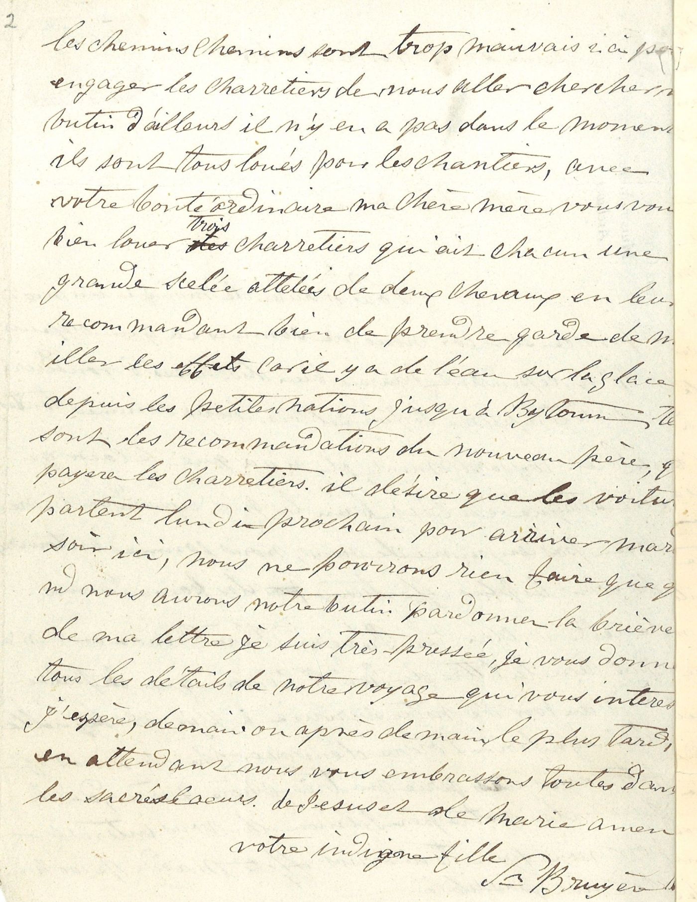 Letters handwritten in French. The document is numbered, and the stamp of the Archives of the Grey Nuns of Montreal appears on pages 1 and 3. The first letter is signed by Sister Bruyère; the second letter is not signed. Page 6 includes the envelope of the letter with the postmark and date of receipt.