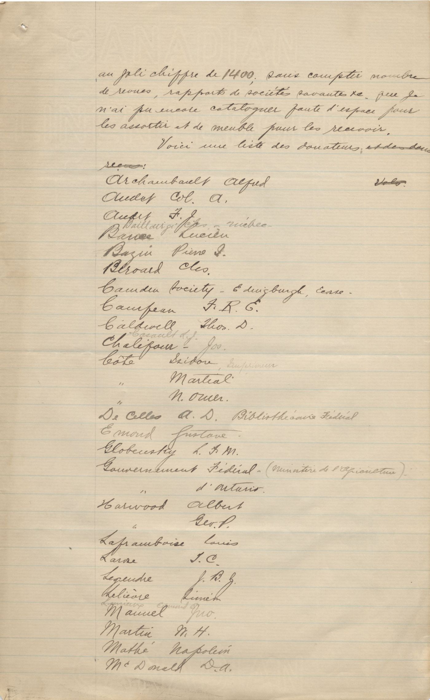 Report written by hand in French, with corrections and additions in pencil. It includes a list of donors and a list of newspapers and magazines that are part of the collection. It is signed by the librarian in Ottawa, in October 1897.