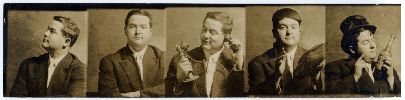Series of five sepia photographs depicting a chubby-faced, middle-aged man in suit and tie striking a different pose in each image. In three photographs, he poses with accessories.