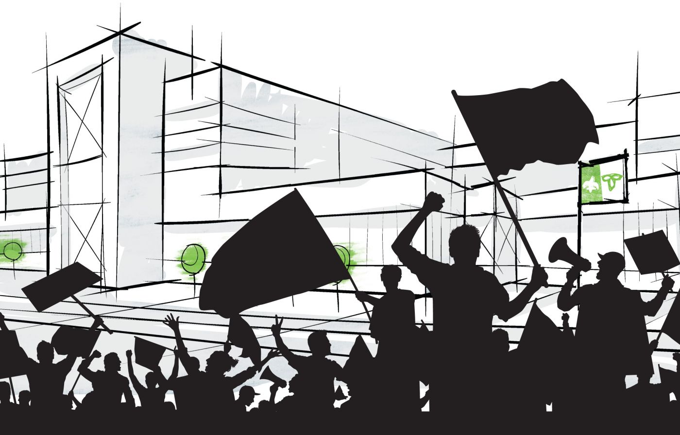 Dessin en couleur d’une foule manifestant avec drapeaux, pancartes et mégaphones. La foule, vue de dos, apparaît en noir, en ombre chinoise. Devant elle, un édifice stylisé devant lequel flottent un drapeau franco-ontarien en couleur ainsi que des ballons verts.