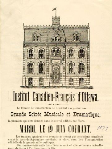 Poster printed in French. It features a black and white drawing of a building, as well as text  inviting people to attend the featured event.