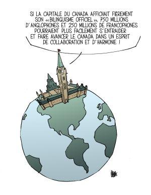 Colour drawing with text printed in French. The image depicts a terrestrial globe and continents without borders. Canada’s Parliament buildings are positioned in the northern portion of the Americas. A text bubble is connected to the buildings.