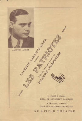 Program of a printed play, in French. On the cover, a B&W photograph of a middle-aged man in a suit and tie. Also included: the title of the play; the name of the author, director, and producer; performance location and dates. The summary of the three-act play, and cast list is featured inside.