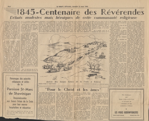 Newspaper articles printed in French. The titles and subtitless appear in bold. The articles are not signed. Each is accompanied by a drawing:  figures in buggies, travelling toward a church on a hill on the first article; a complex of religious buildings; and a black and white photograph of a middle-aged nun.