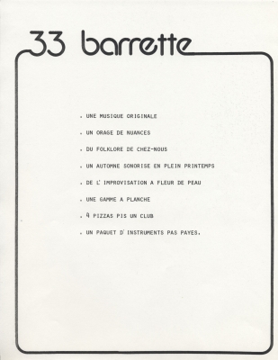 Two-page document printed in French. The name of the group is featured in large, stylized letters at the top of the page, with a solid border flowing from the name all around the page. The first page lists song titles. The second page lists other important information about the group.