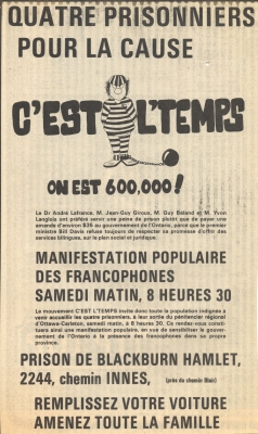 Poster printed in French. The poster title and logo of the C’est l’temps movement – the caricature of a prisoner in a striped uniform, with shackles on one foot – takes up the top third of the poster. The text below includes short informative passages such as information about the place and date of the demonstration.