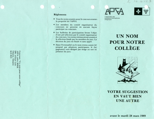 French brochure printed recto-verso in black on 8 ½ x 11 green paper, folded into three panels. On the first page, under the logo of the organization and the Franco-Ontarian flag, one panel mentions the goal and the closing date of the contest. A second panel outlines the rules of the contest, and the last panel includes the return address. On the other side of the page, one panel explains the history of the competition, while the other two provide additional information and the entry form.