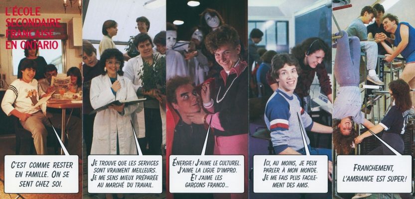 Colour promotional leaflet in French. The first photograph depicts a teenager surrounded by his family, the other four young people in a school environment. Text bubbles reproduce the teenagers’ words.