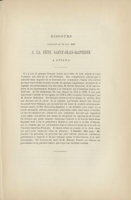 Speech printed in French. First page is dedicated to an introduction the text. The following pages present the text itself, arranged in a single column, divided into several paragraphs. The abbreviated title and date of the speech appear at the top of the document. Annotations by Benjamin Sulte, signed B.S.