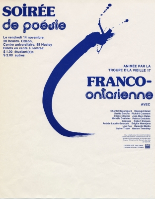 French poster. Text printed in blue on a white background, with a logo. On the left, the name, date, and location of the event, with ticket prices. On the right, the words: “animée par la troupe d’la Vieille 17” and the list of participants. In the middle, a curved line of blue paint.