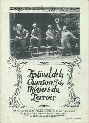 Cover page of a French document. The name of the event appears in large letters in the centre of the page, surrounded by a decorative frame. At the top of the page, a B&W photograph shows four performers wearing overalls, checkered shirts and hats. At the bottom, the name of the event sponsors.