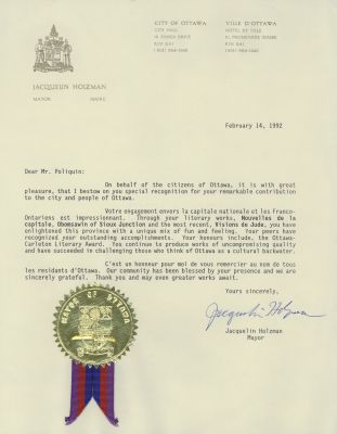 Typewritten text in English, on letterhead from the Mayor's Office of the City of Ottawa. Three short paragraphs, followed by a signature. A seal is affixed to the bottom of the letter.