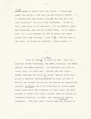 Manuscript typewritten in French, with handwritten annotations in black ink. The text appears in two parts separated by an asterisk.