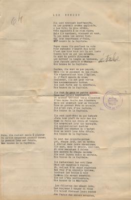 Colour photograph of a text typewritten in French, with the title appearing in larger letters. The text in verse appears in one column. A paragraph appears to the left of the page. A correction is made in black ink.