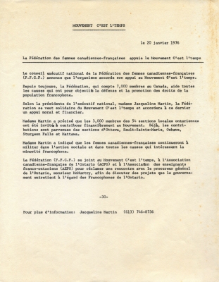 Text typewritten in French. The press release title, origin and date appear at the top of the page. The text is printed in a single column, with “-30-“ appearing at the bottom, along with a contact name and telephone number.