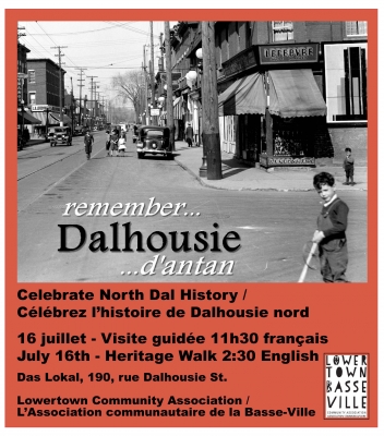 Colour poster, with a black and white photograph showing the intersection of two busy downtown streets. A little boy stands in front of a shop. The text of the poster is typed in English and French. The bottom of the poster is red, with the logo of the sponsoring organization.