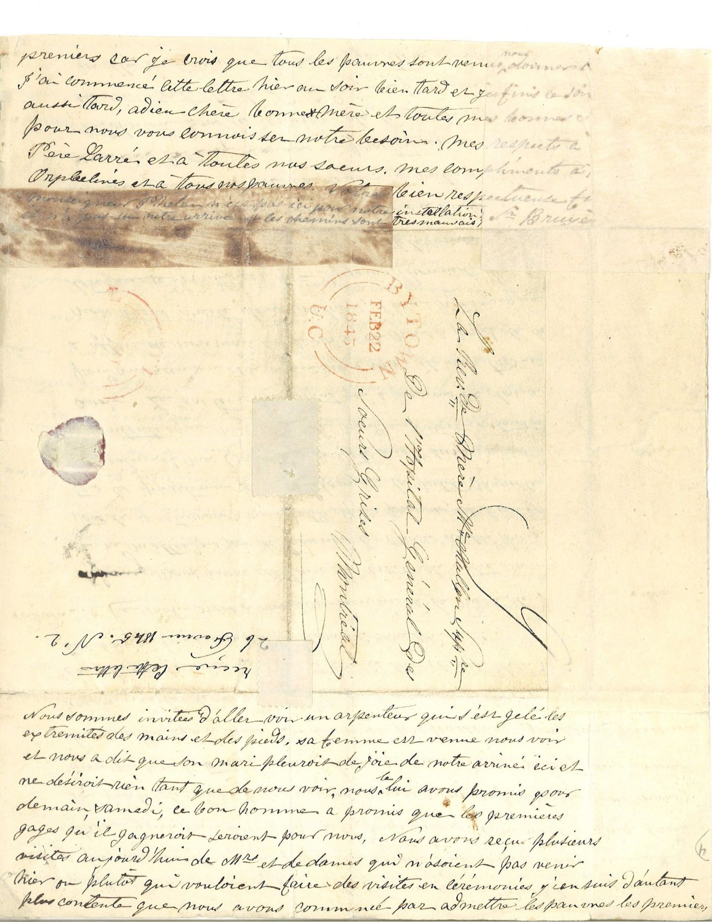Letters handwritten in French. The document is numbered, and the stamp of the Archives of the Grey Nuns of Montreal appears on pages 1 and 3. The first letter is signed by Sister Bruyère; the second letter is not signed. Page 6 includes the envelope of the letter with the postmark and date of receipt.