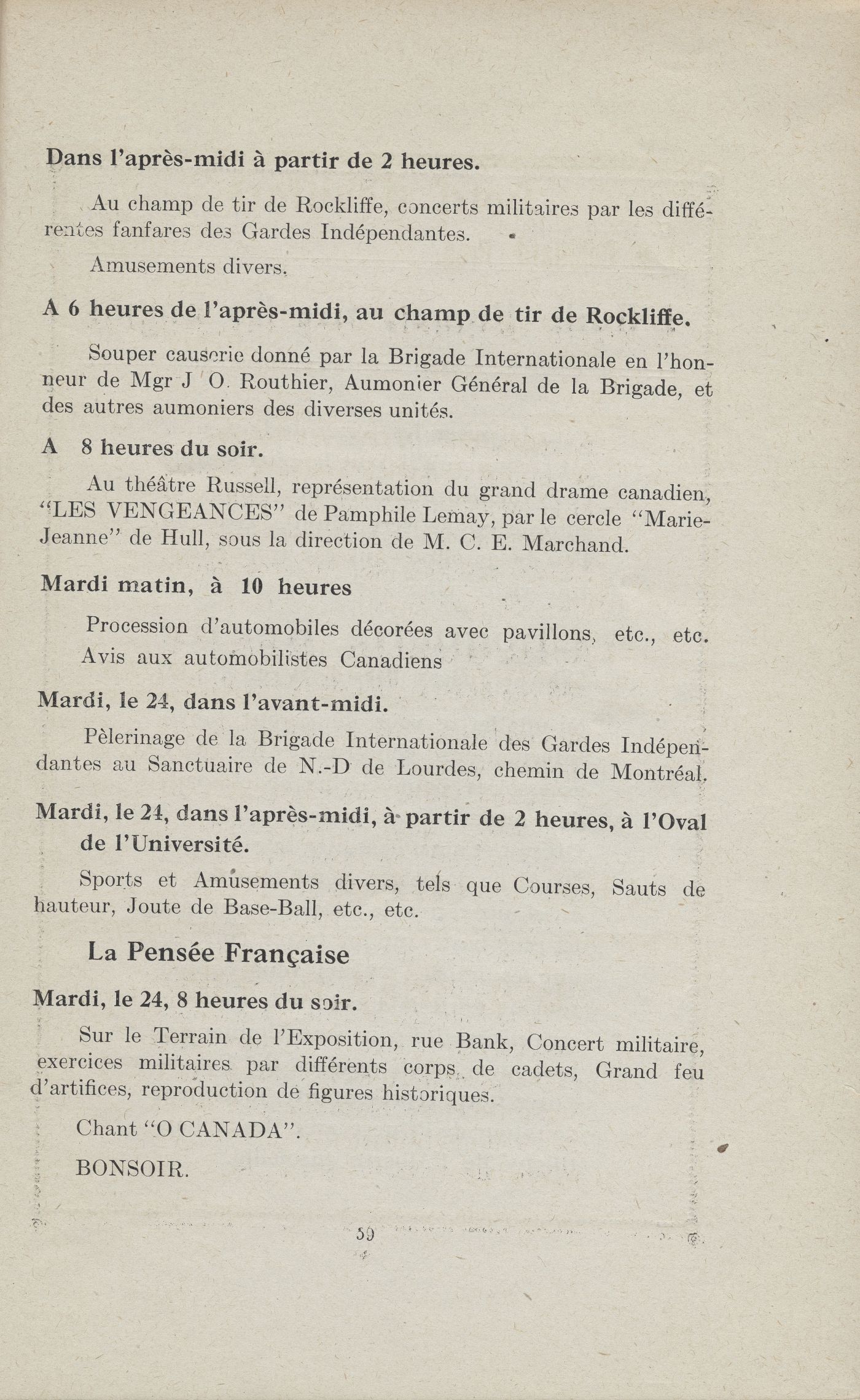 Text printed in French. The title page, printed on blue card stock, includes the name, location and rationale of the rally in large print. A beaver, symbol of the Société Saint-Jean-Baptiste, takes up the first third of the page. The inside of the program contains a few pages detailing events, with information organized according to the date, time and content of the activities.