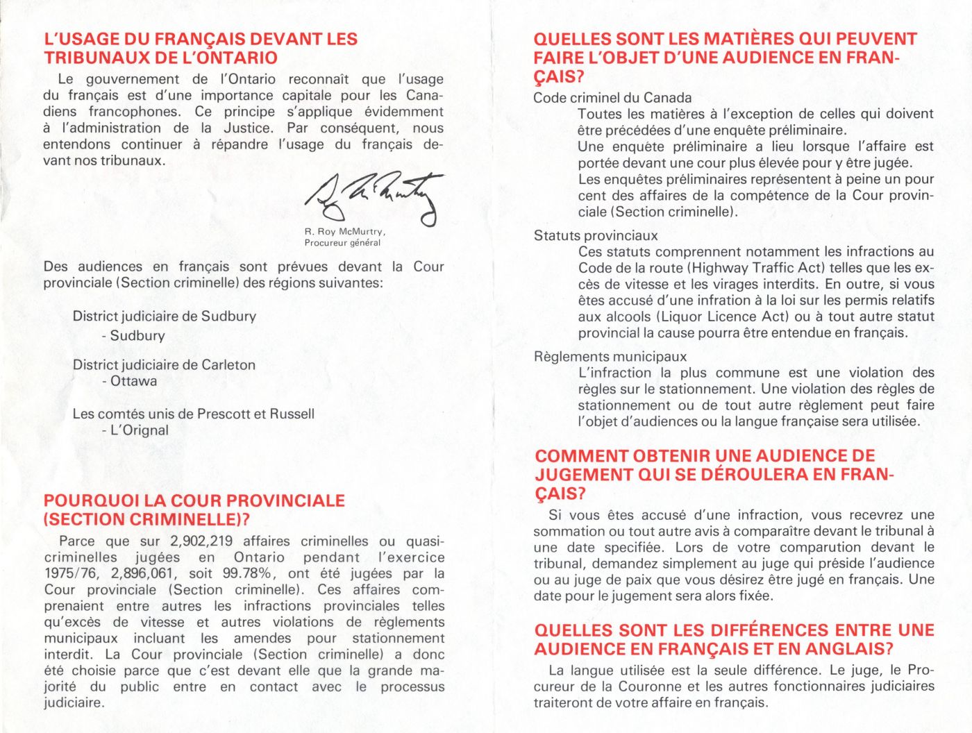 French pamphlet, divided into four parts. On the cover, the title of the document, its source, and a drawing of Justice. On the front, information elements grouped under five headings; on the back, instructions for more information. Alternating between red and black.