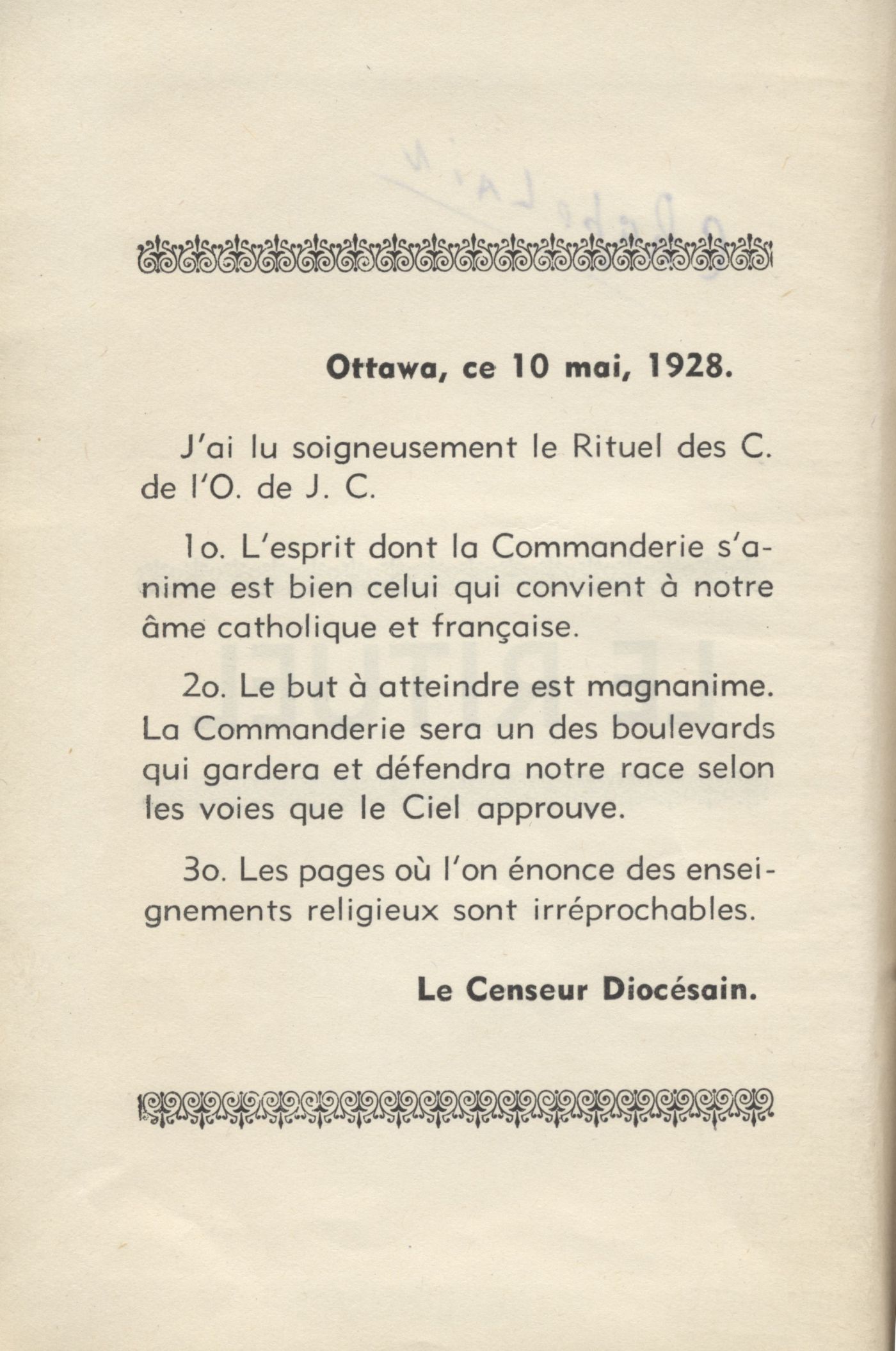 Document printed in French. The front cover has a title, positioned between two decorative borders above and below the words. The word “chapelain” is handwritten in blue ink at the top of the page. It includes three remarks by the diocesan censor, and the date, as well as the detailed plan of a room and the place occupied by various participants.
