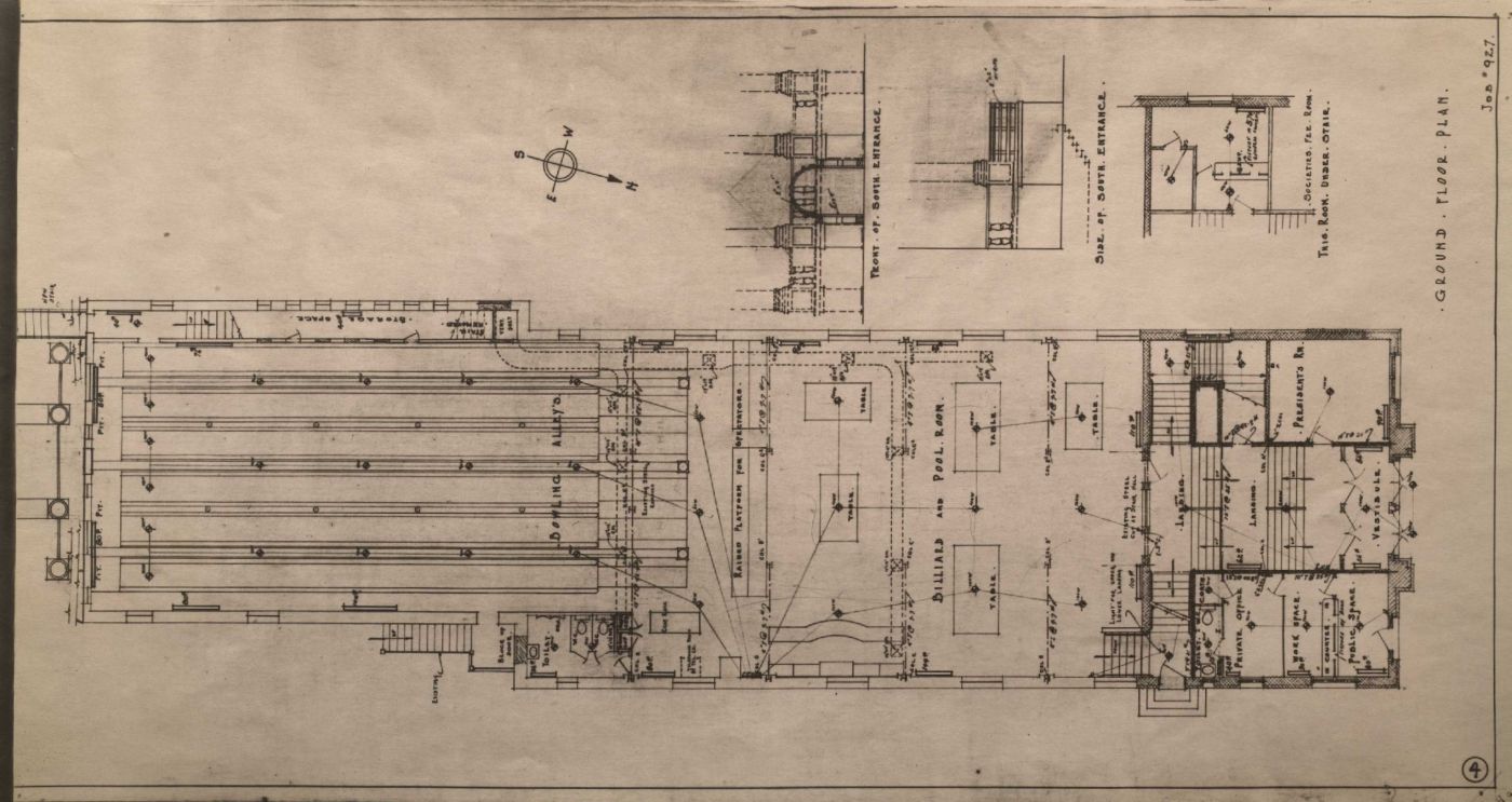 Black and white architectural drawings showing the pediment of a three-storey institutional building, and the floor plan of each floor. The dimensions and details of the building are printed in English. Only the title is handwritten.
