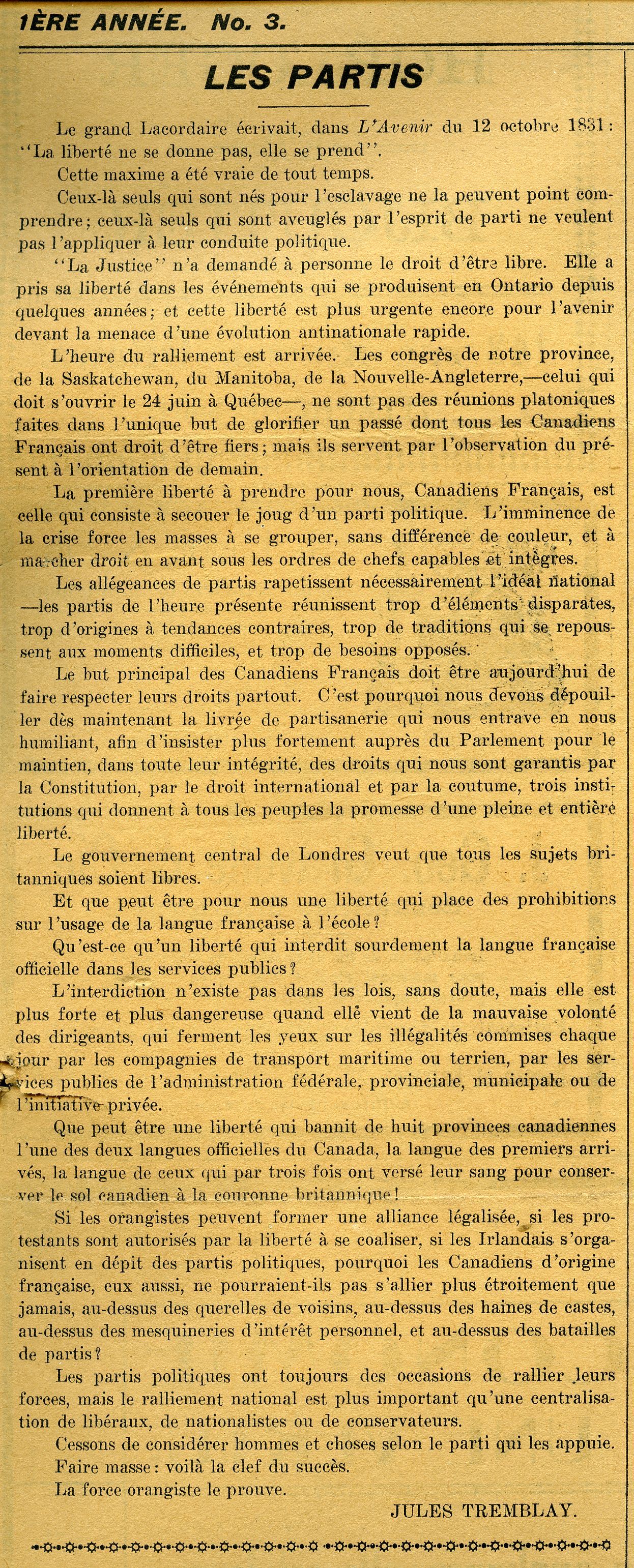 Newspaper article printed in French. The title appears in uppercase and bold, followed by the text, arranged in a single column. The article is signed. The paper is yellowed.