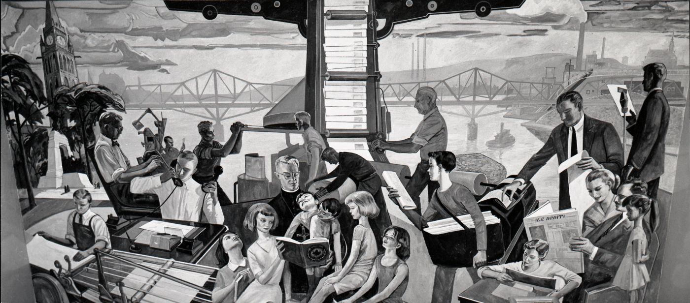 Tableau en noir et blanc, représentant une galerie de personnages vaquant à diverses occupations. Parmi eux, on reconnaît le père Charles Charlebois. À l'arrière-plan, le pont Alexandra et la rivière des Outaouais. Sur une des rives, les édifices du Parlement, sur l'autre, le centre-ville de Hull et son paysage industriel.