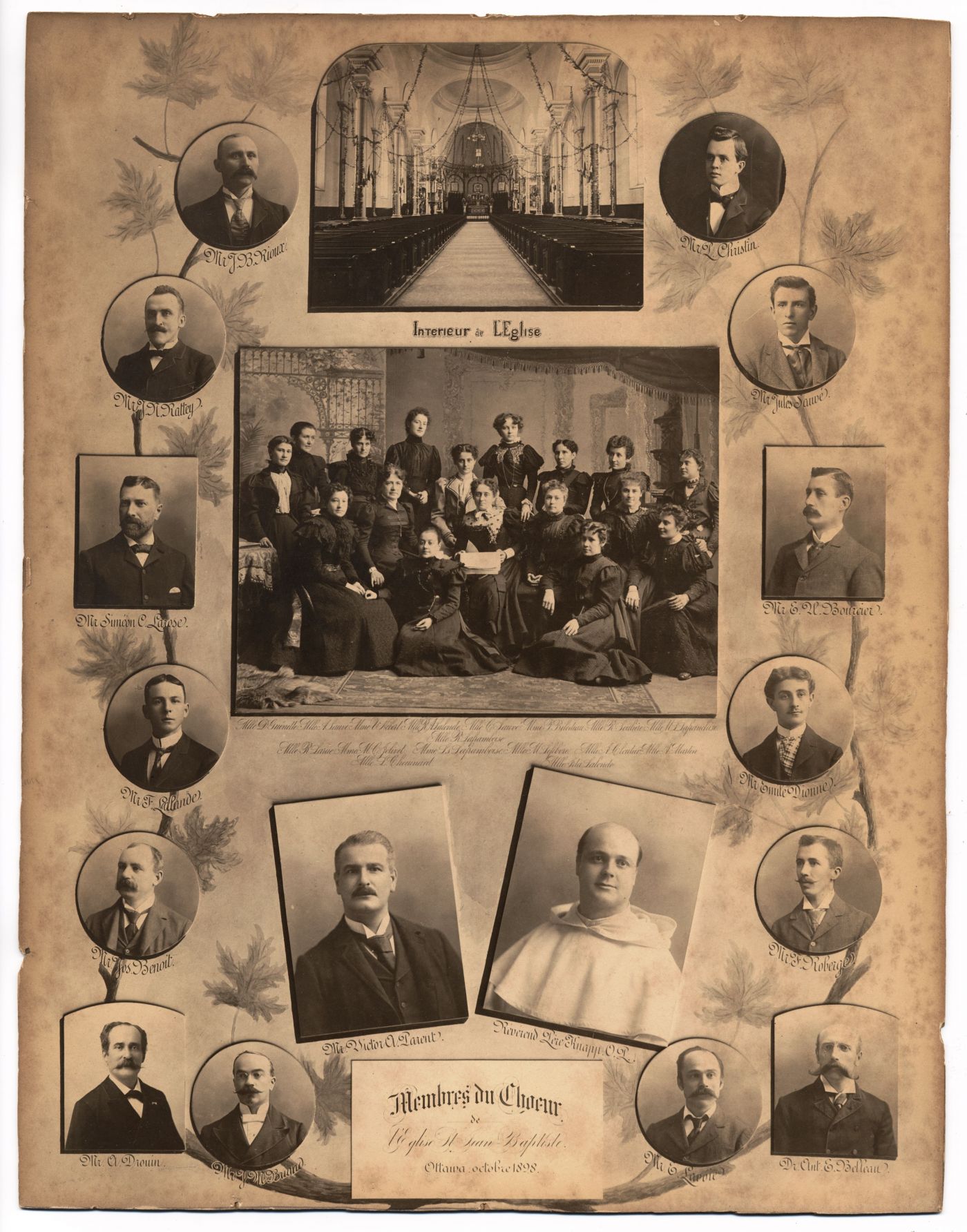 Photograph of a an arrangement of 14 studio photographs of men, with their names. In the middle, photographs of a church interior, a group of 16 women, as well as a man and a monk. A caption  reads: “Members of the Saint-Jean-Baptiste Church choir, Ottawa, October 1898”(translated from the original).